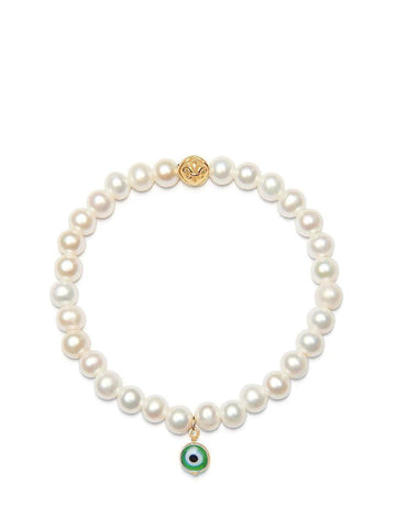 Nialaya Women's Beaded Bracelet Wristband with White Pearls and Green Evil Eye Charm